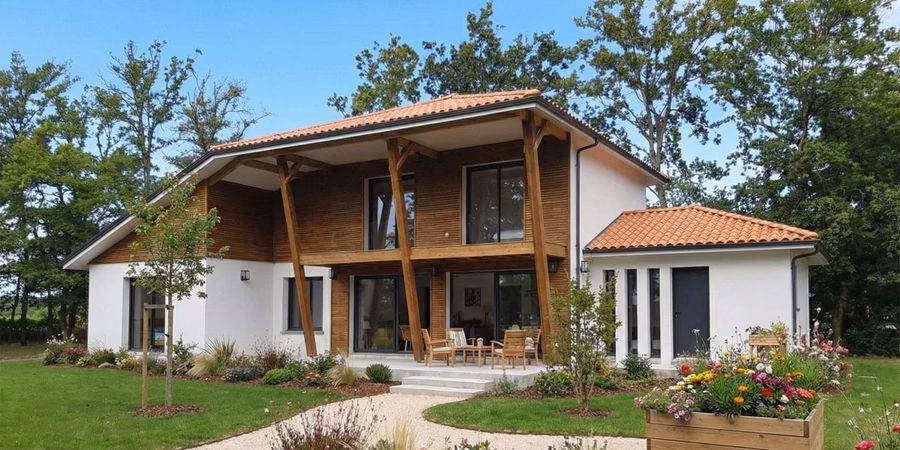 Façade d'une maison contemporaine lumineuse avec bardage bois et toiture traditionnelle construite à Gastes par Landes Habitat.