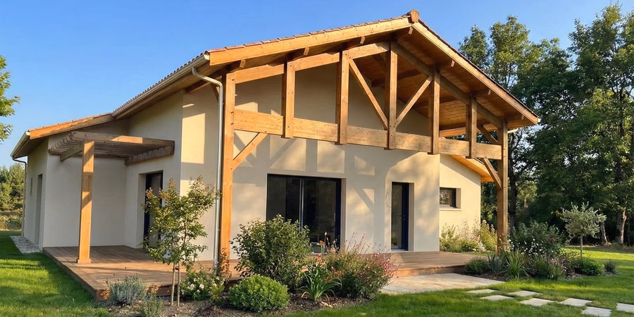 Façade d'une construction maison Saint-Paul-en-Born avec charpente apparente et tuiles Vieilli Gascogne.