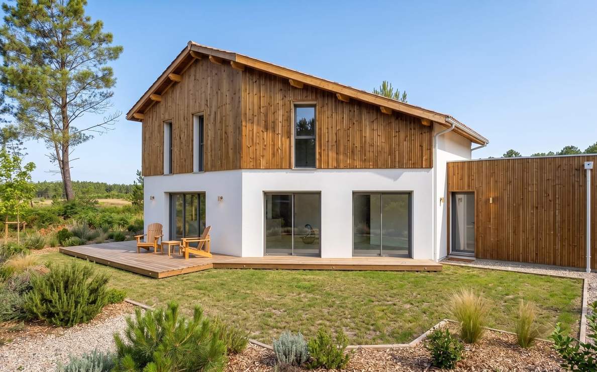 Maison moderne à deux étages avec crépi blanc, bardage bois vertical, grandes baies vitrées et terrasse en bois