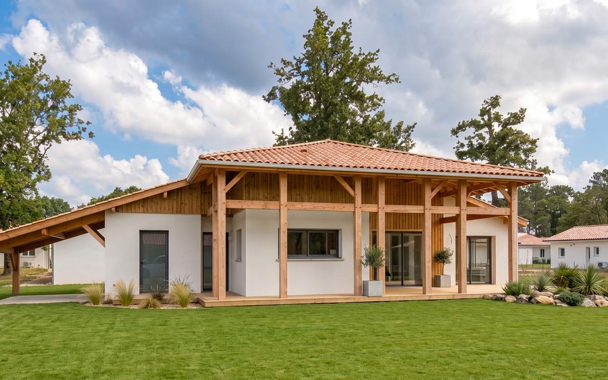 Façade d'une maison neuve plain-pied avec structure bois apparente et toiture traditionnelle construite à Castets.