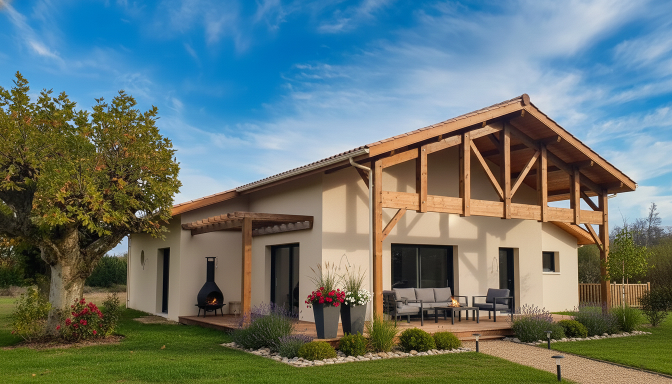 Construction maison Saint-Paul-en-Born : Villa familiale 143 m² - Maison Landes Habitat Maison avec charpente apparente et terrasse bois construite à Saint-Paul-en-Born par Landes Habitat.