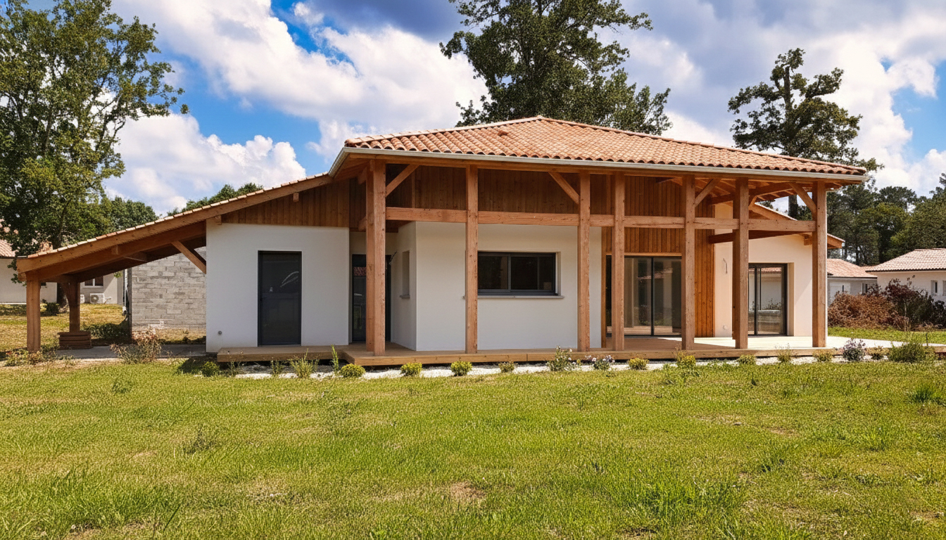 Construction maison Castets : Landaise contemporaine de 127 m² - Maison Landes Habitat Façade d'une maison neuve plain-pied avec structure bois apparente et toiture traditionnelle construite à Castets.