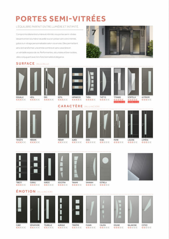 Catalogue portes semi-vitrées K-LINE 2025, modèles HÉOL, THETYS, MEROPE.