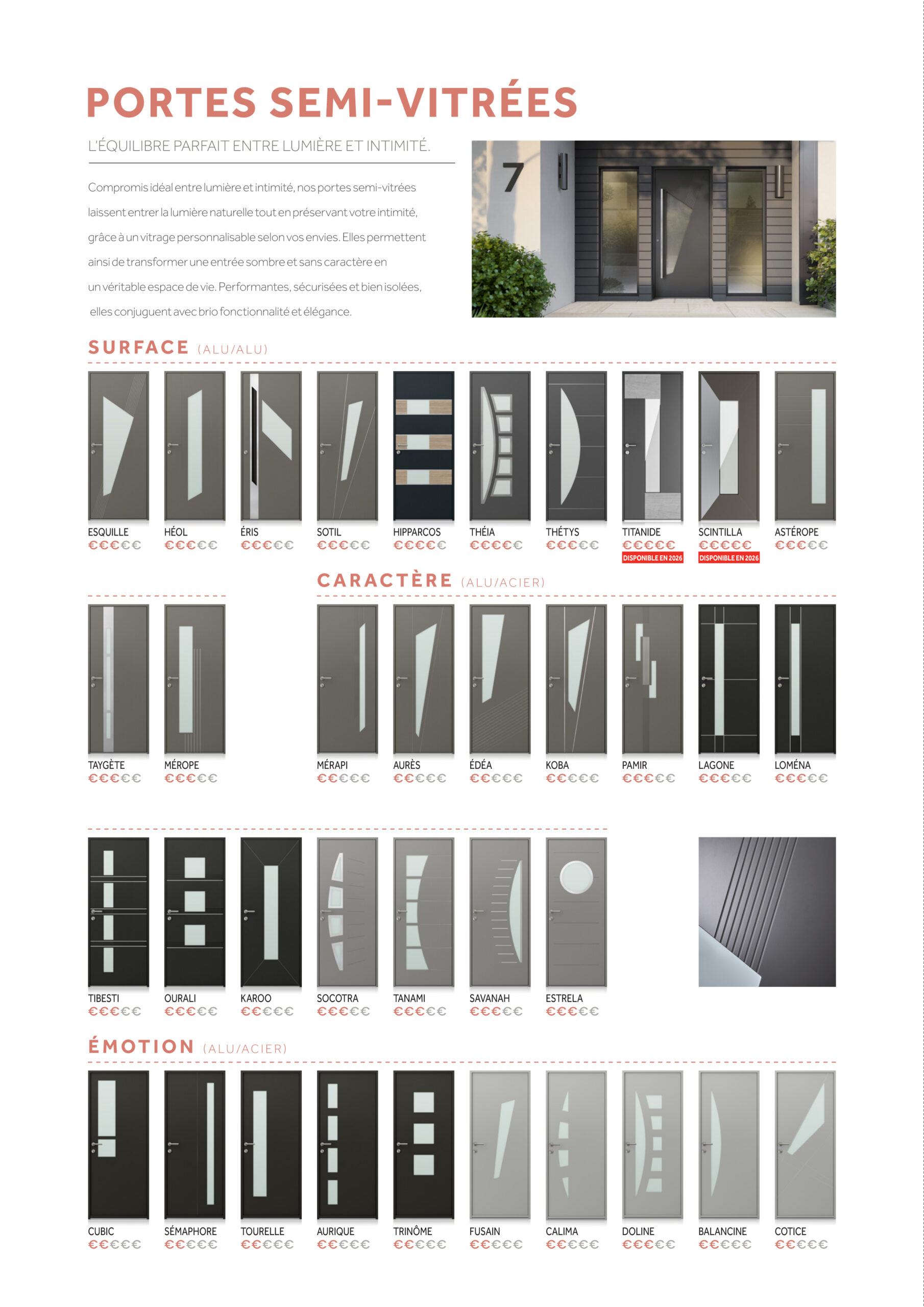 Portes KLINE 2025 - Performance RE2020 Ud 0.68 W/m².K - Maison Landes Habitat Catalogue portes semi-vitrées K-LINE 2025, modèles HÉOL, THETYS, MEROPE.