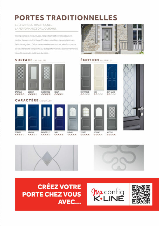 Catalogue portes traditionnelles K-LINE 2025, modèles Bastille, Topaze, Odéon.