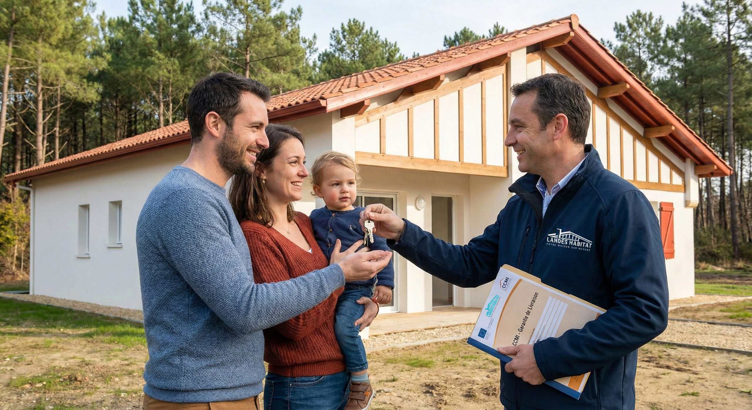 La Dommages-Ouvrage : L'Assurance Indispensable - Maison Landes Habitat Couple recevant les clés avec la garantie de livraison smabtp