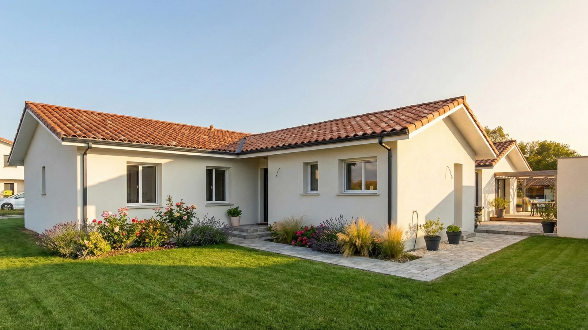 Construction Maison Saubrigues : Villa Contemporaine Livrée - Maison Landes Habitat Façade arrière de maison en L donnant sur le jardin à aménager